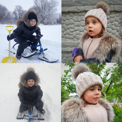 Big Fur Pom Pom Winter Hat for Kids and Adults