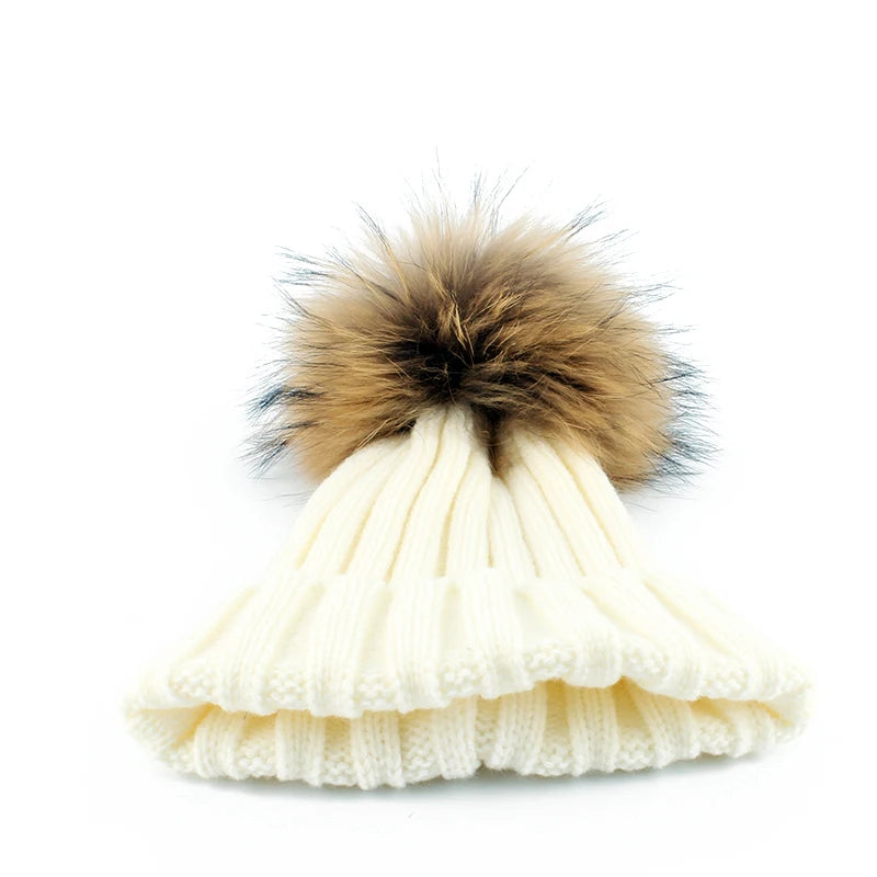 Big Fur Pom Pom Winter Hat for Kids and Adults