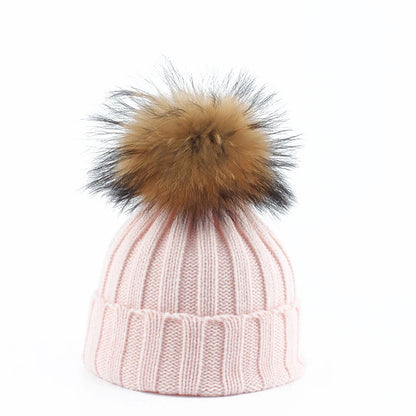 Big Fur Pom Pom Winter Hat for Kids and Adults