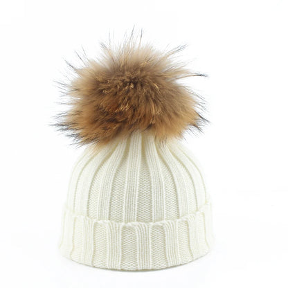 Big Fur Pom Pom Winter Hat for Kids and Adults