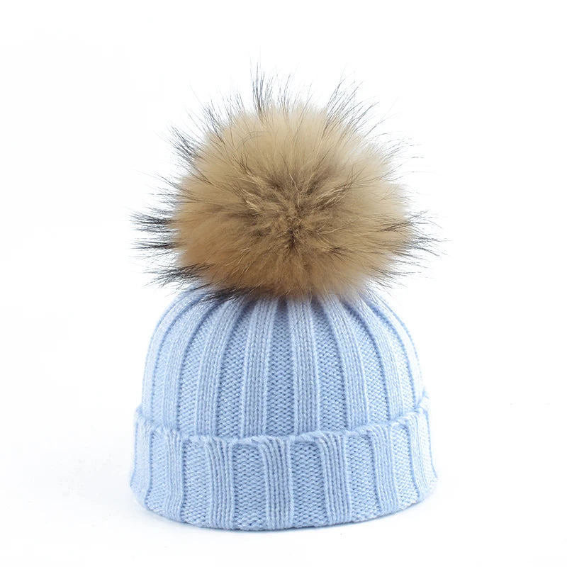 Big Fur Pom Pom Winter Hat for Kids and Adults