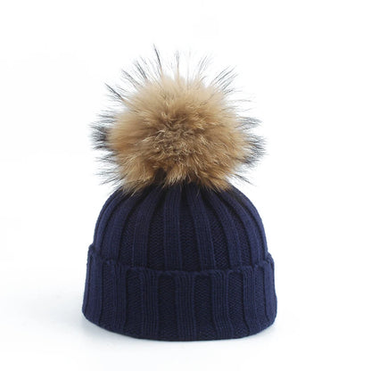 Big Fur Pom Pom Winter Hat for Kids and Adults