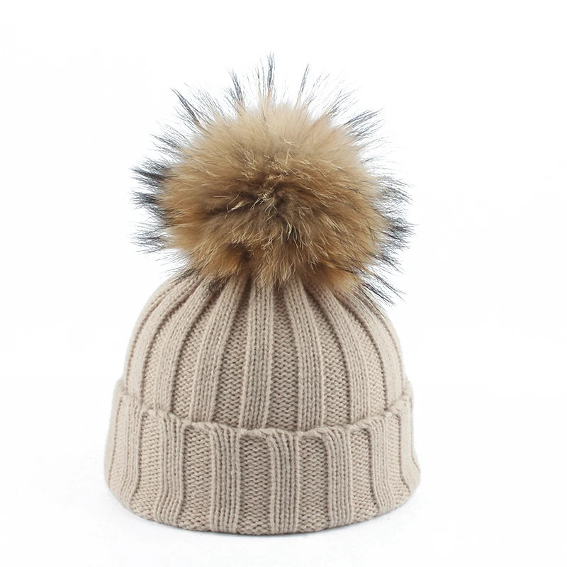 Big Fur Pom Pom Winter Hat for Kids and Adults