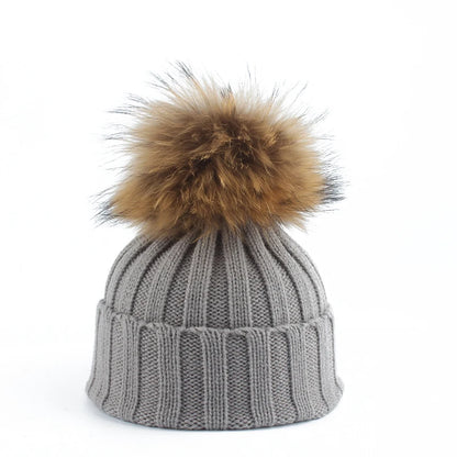 Big Fur Pom Pom Winter Hat for Kids and Adults