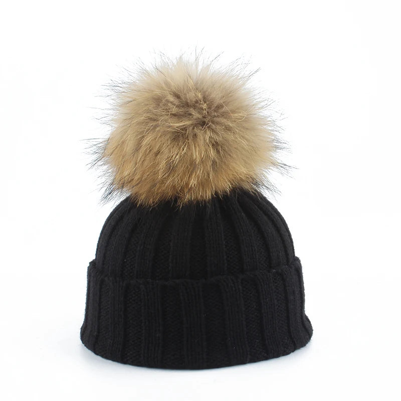 Big Fur Pom Pom Winter Hat for Kids and Adults