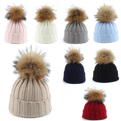 Big Fur Pom Pom Winter Hat for Kids and Adults