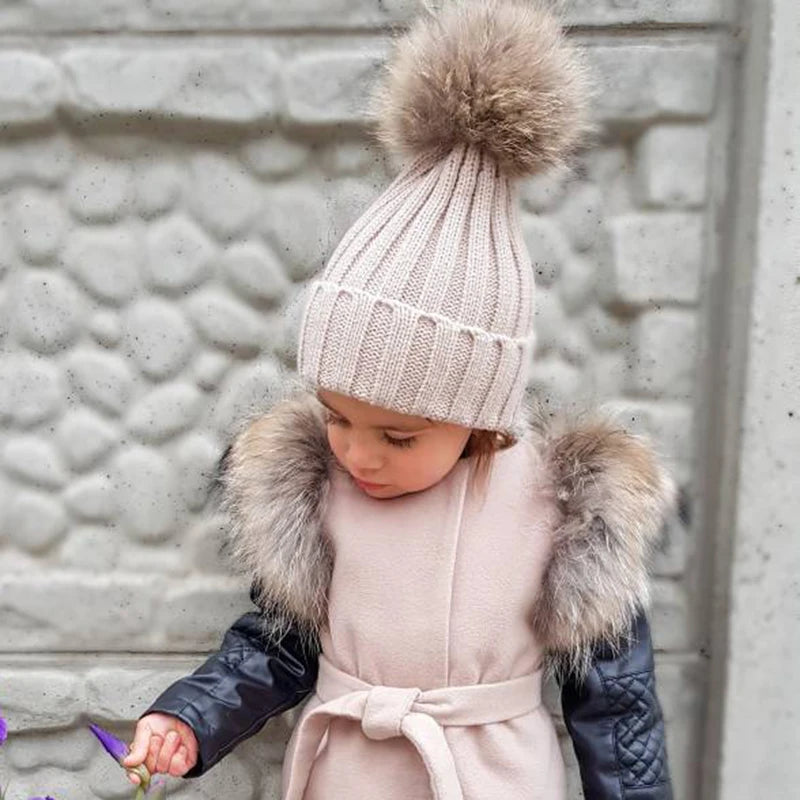 Big Fur Pom Pom Winter Hat for Kids and Adults